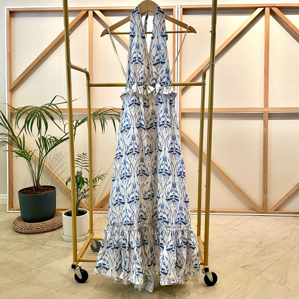 Agua by Agua Bendita White and Blue Halter Ruffle Maxi Dress New Without Tags